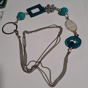 green teal aqua wood metal pom pom silver color chain necklace with metal clasp
